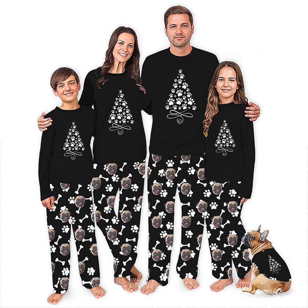 Cute Pet Face Custom Christmas Pajamas with Paw Xmas Tree Cute Pet Face Custom Christmas Pajamas with Paw Xmas Tree