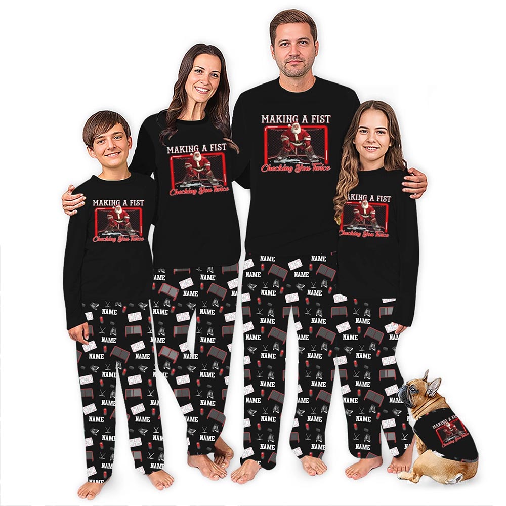 Santa Playing Hockey with Name Personalized Pajamas For Family Santa Playing Hockey with Name Personalized Pajamas For Family