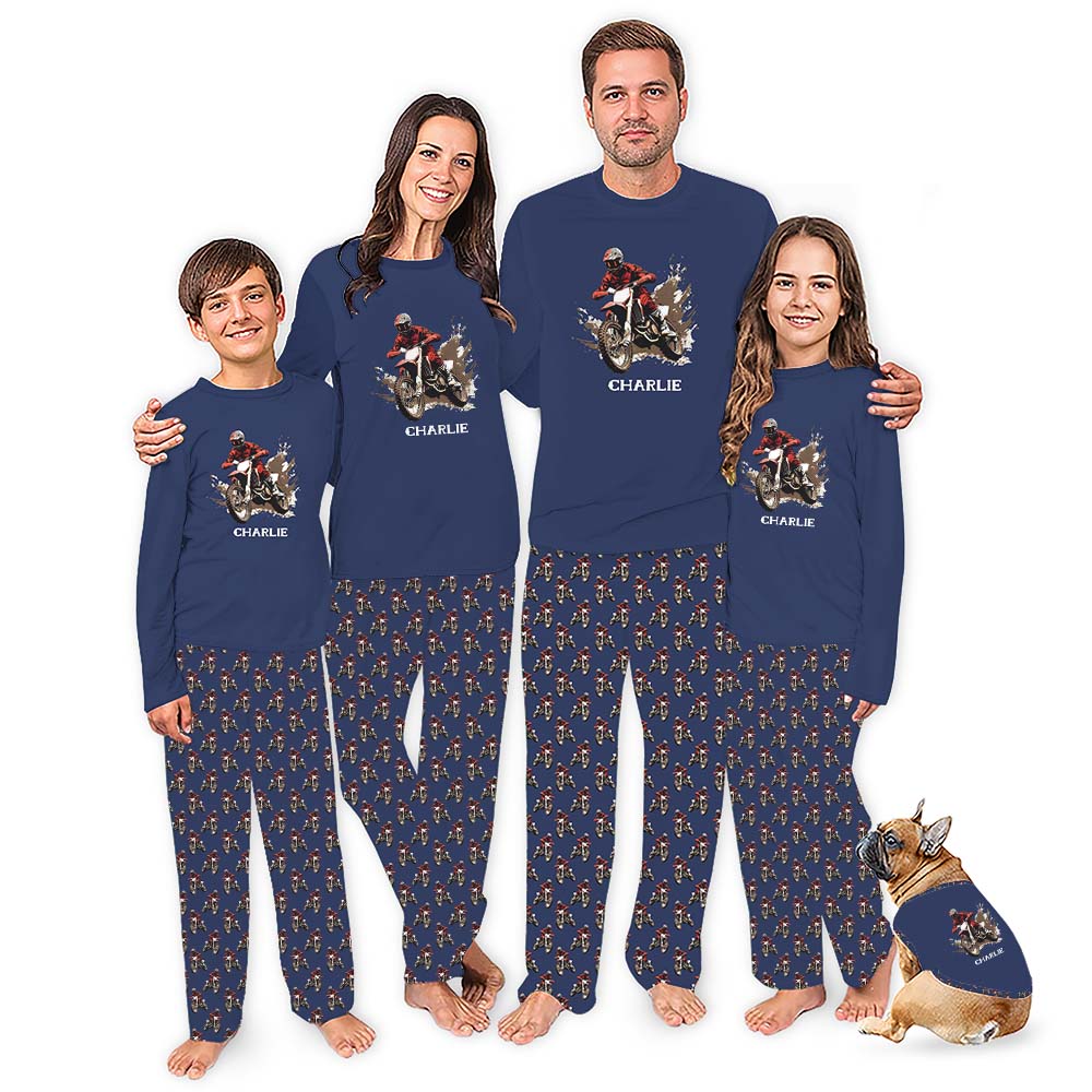 Customizable Name Matching Motocross Christmas Pajamas With Live Preview
