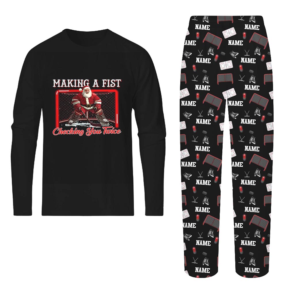 Santa Playing Hockey with Name Personalized Pajamas For Family Santa Playing Hockey with Name Personalized Pajamas For Family