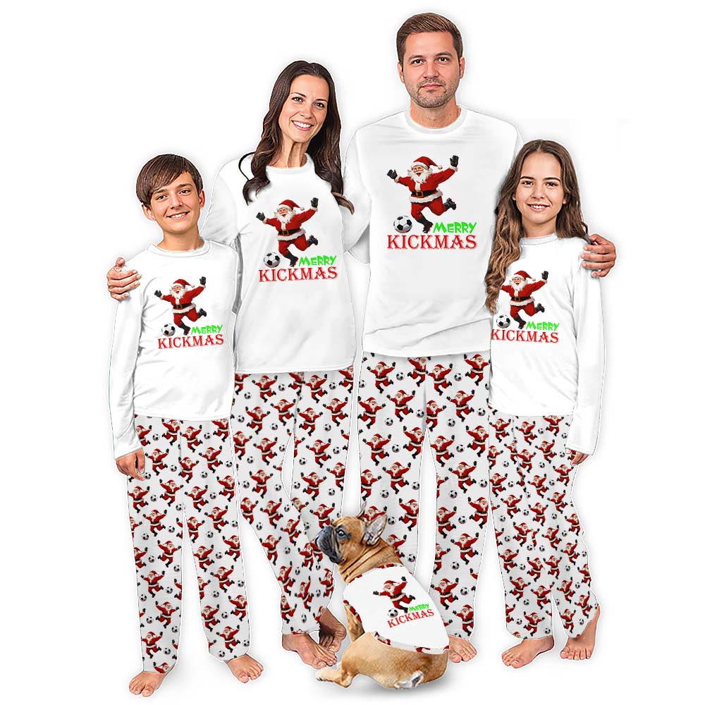 Soccer Santa Family Long Sleeve Christmas Pajamas Saying Merry Kickmas