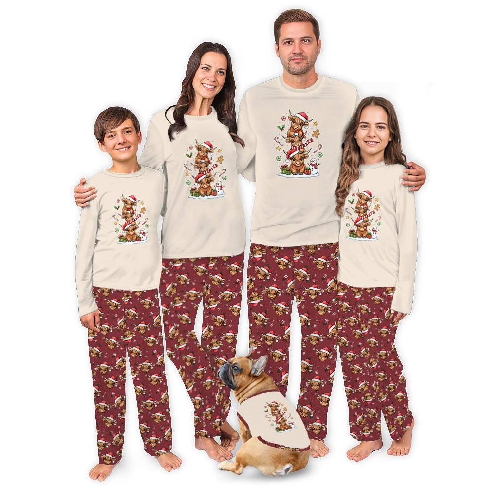 Cute Highland Cow Matching Pajamas With Dog Christmas