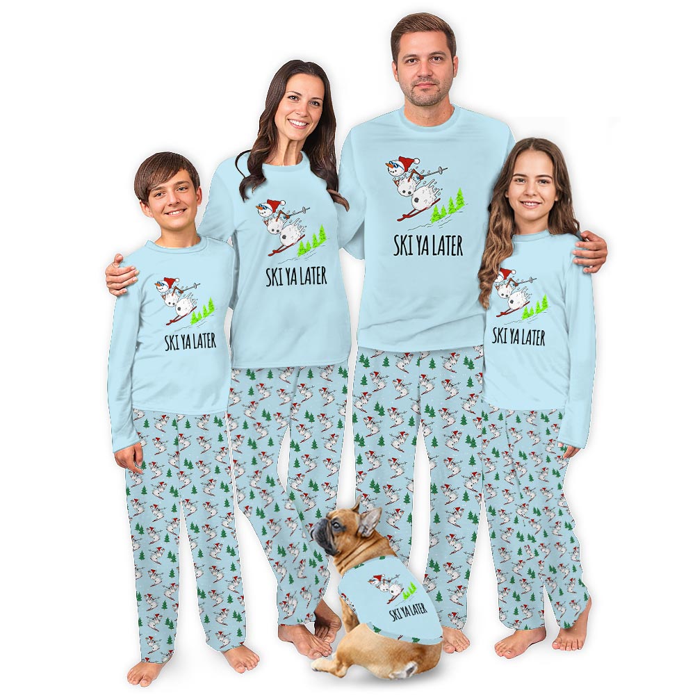 Blue Snowman Skiing Christmas Matching Pajamas With Dog
