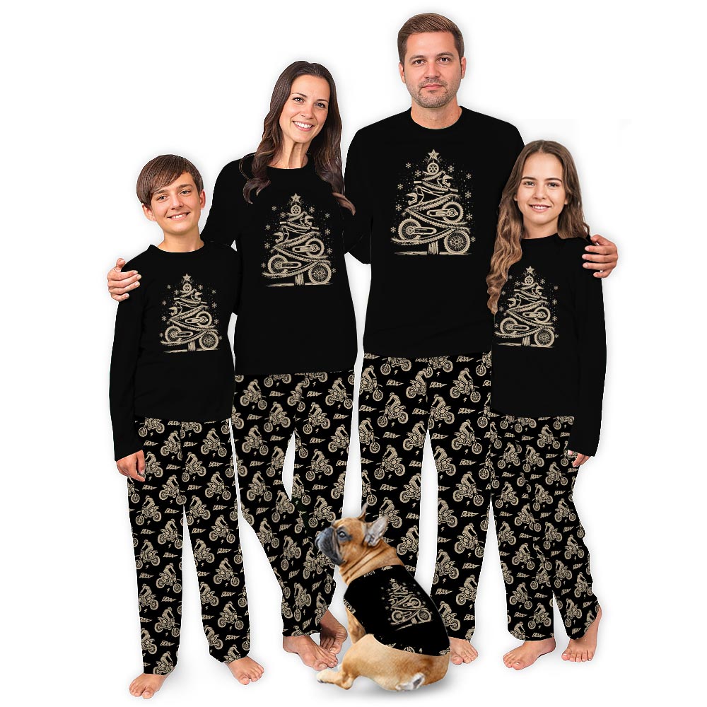 Black Dirt Bike Christmas Tree Matching Dog And Family Pajamas Black Dirt Bike Christmas Tree Matching Dog And Family Pajamas