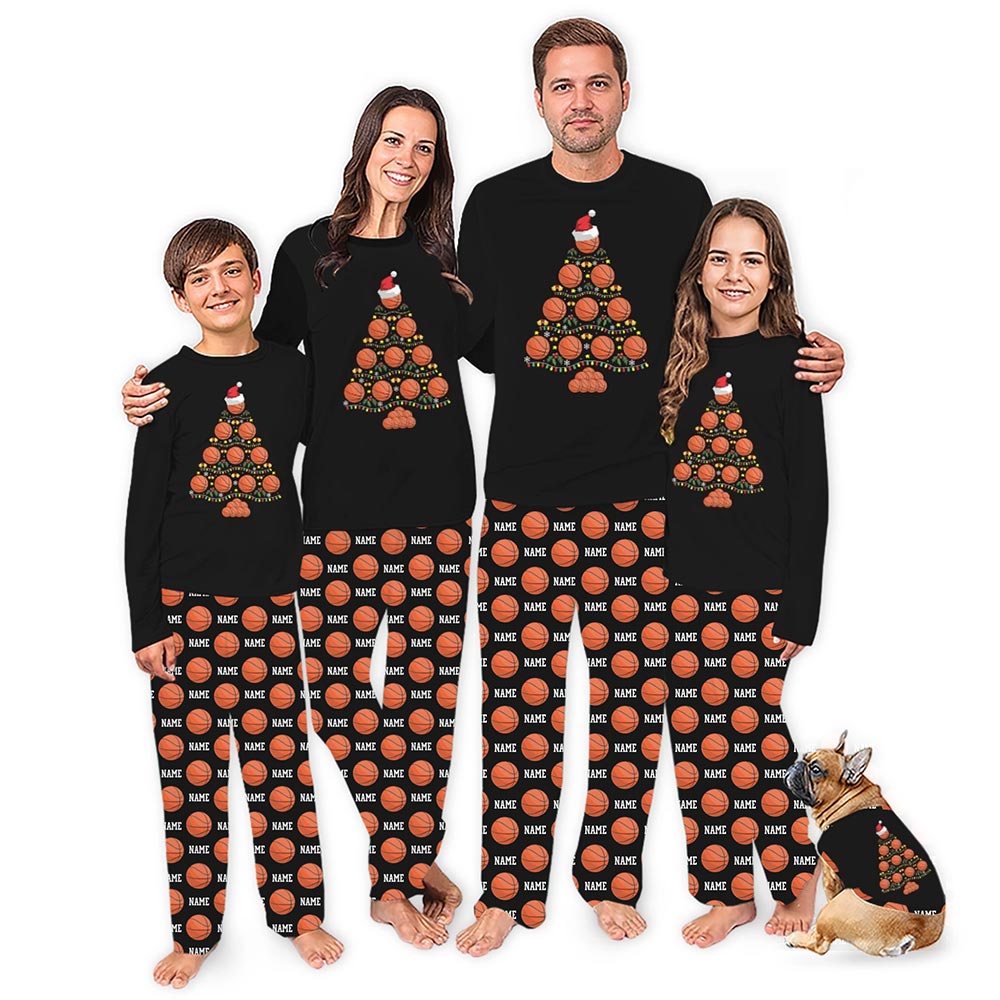 Black Basketball in Christmas Tree Pajamas with Name Custom Pants Black Basketball in Christmas Tree Pajamas with Name Custom Pants