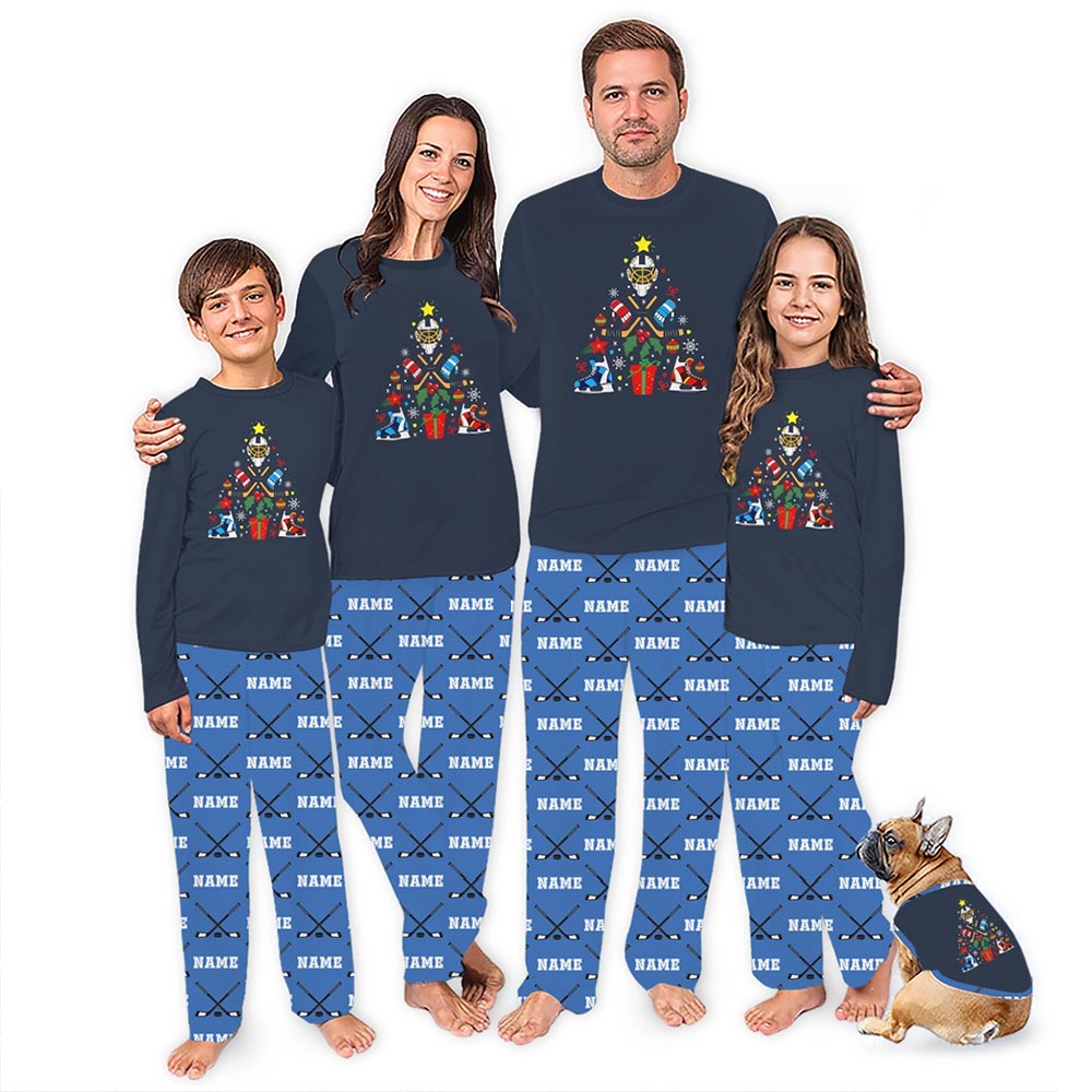 Navy Hockey Christmas Tree Family Matching Pajamas with Name Custom Navy Hockey Christmas Tree Family Matching Pajamas with Name Custom