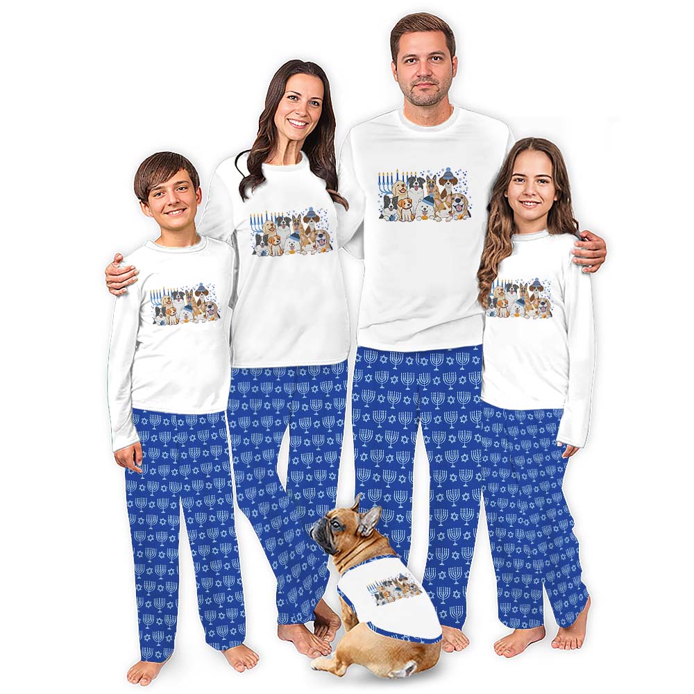 Hanukkah Pajamas For The Family With Chanukah Menorah and Cute Puppies