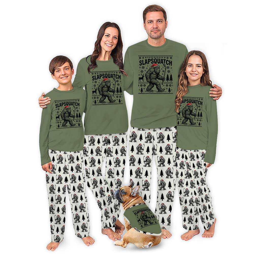 Sasquatch Hockey Matching Family Christmas Pajamas With Dog