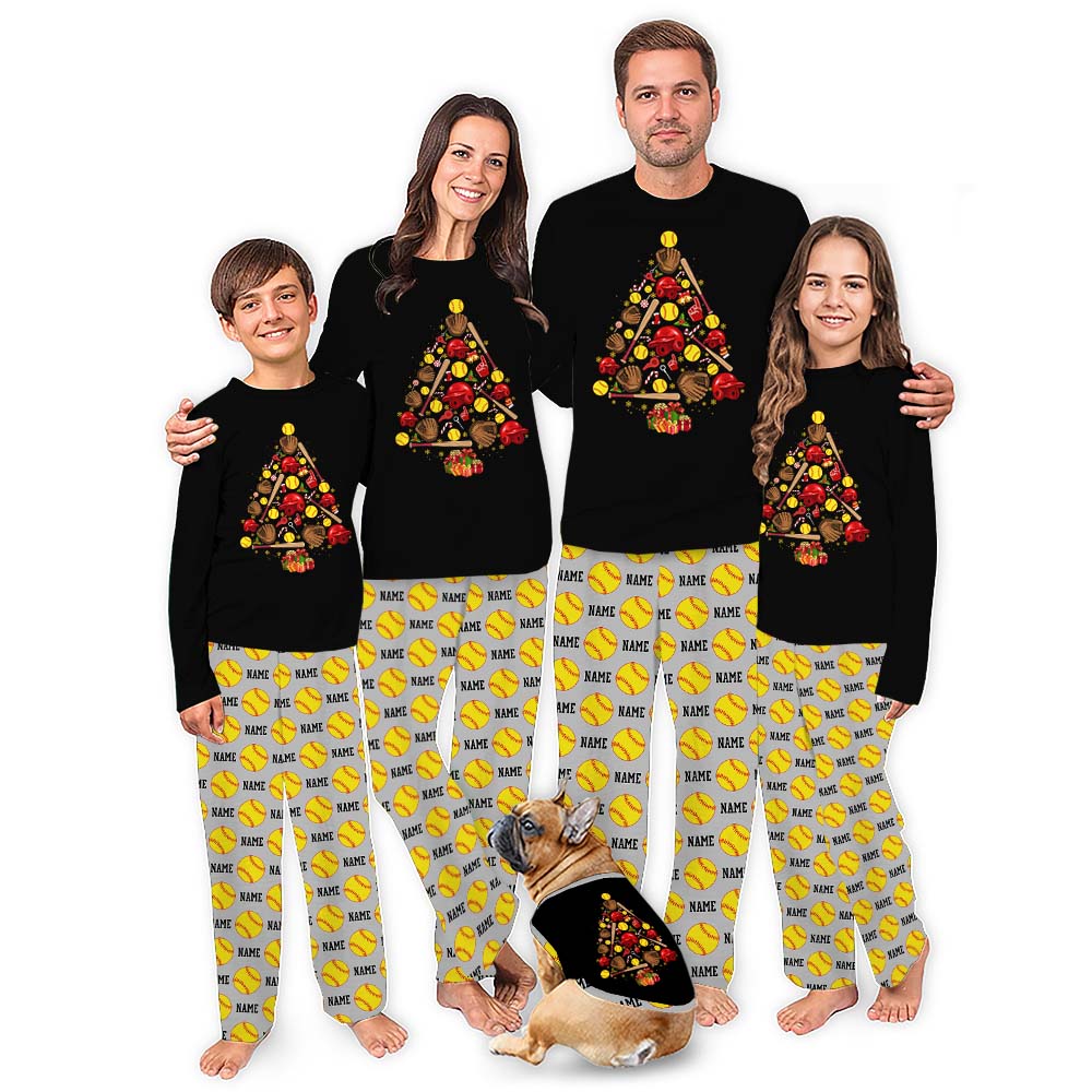 Custom Matching Family Winter Pajamas With Softball Christmas Tree On Them Custom Matching Family Winter Pajamas With Softball Christmas Tree On Them