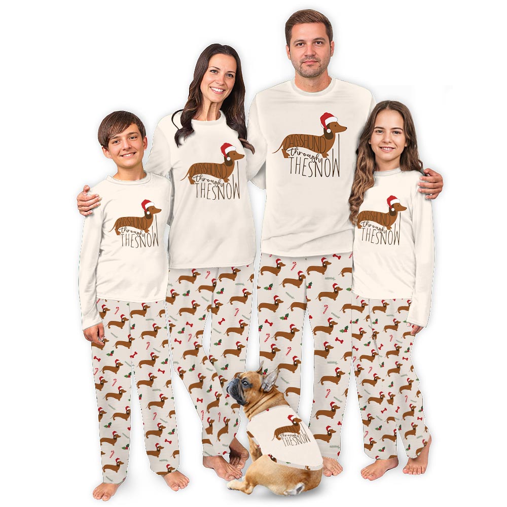 Cute Dachshund Through The Snow Saying Family Christmas Pajamas