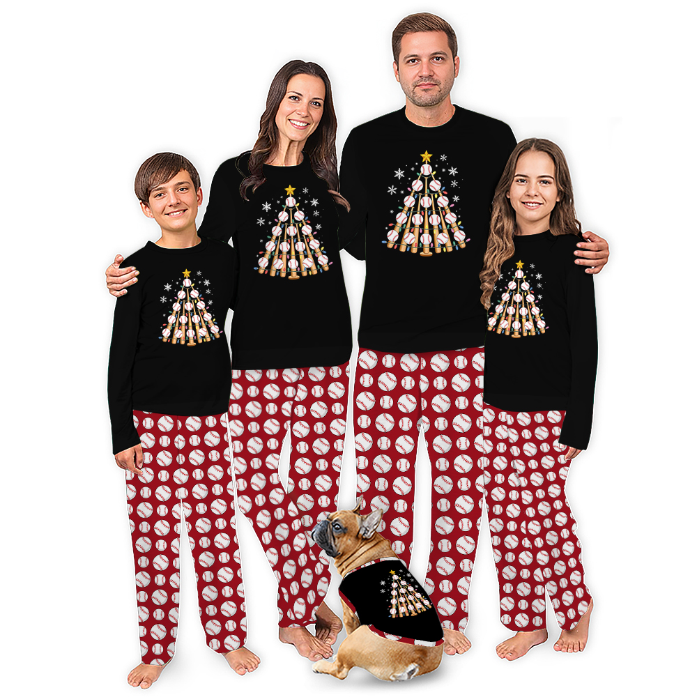Baseball Themed Christmas Tree Matching Holiday Pajamas With Dog Baseball Themed Christmas Tree Matching Holiday Pajamas With Dog