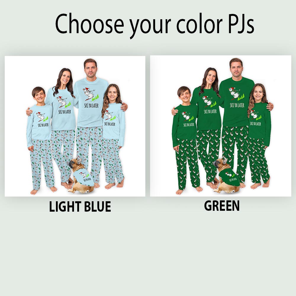 Blue Snowman Skiing Christmas Matching Pajamas With Dog