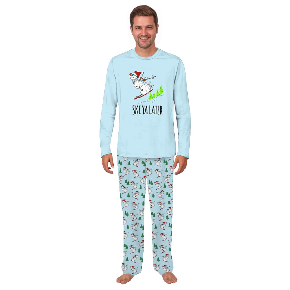 Blue Snowman Skiing Christmas Matching Pajamas With Dog