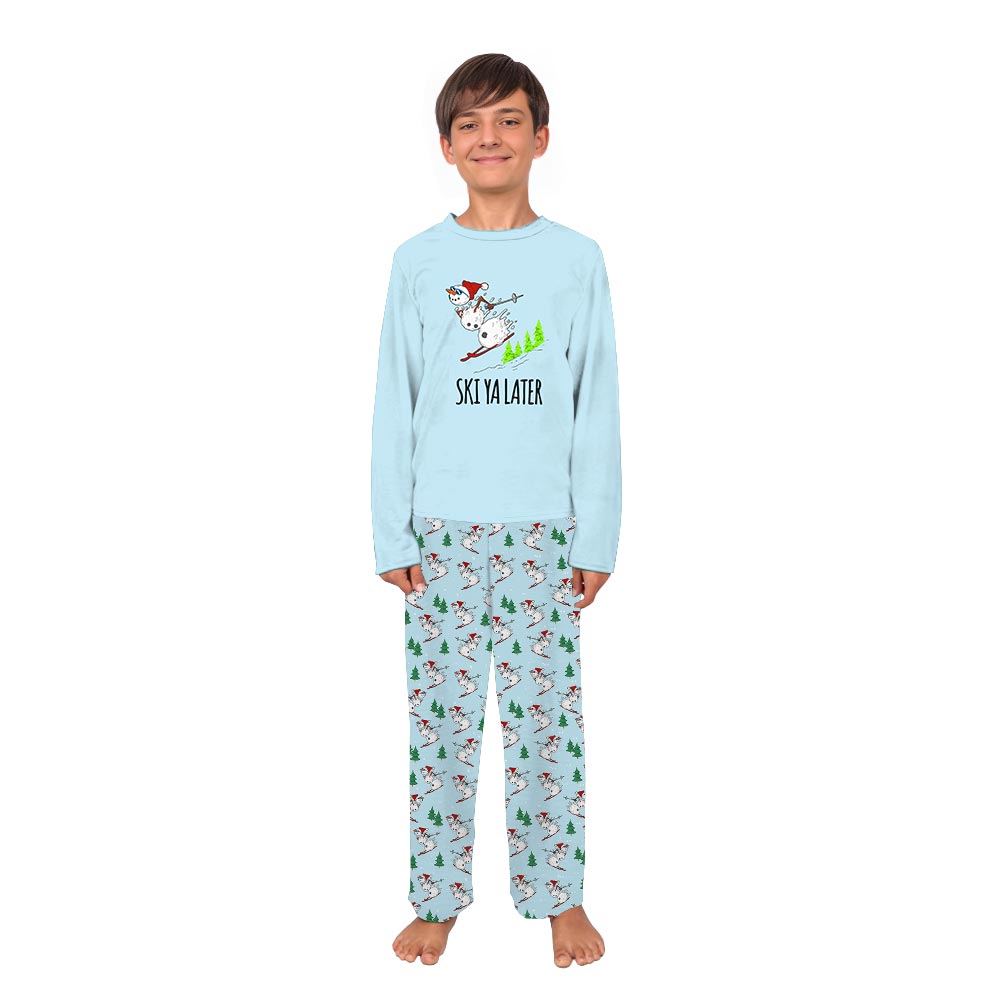 Blue Snowman Skiing Christmas Matching Pajamas With Dog