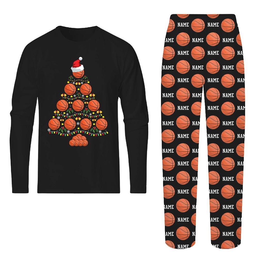 Black Basketball in Christmas Tree Pajamas with Name Custom Pants Black Basketball in Christmas Tree Pajamas with Name Custom Pants