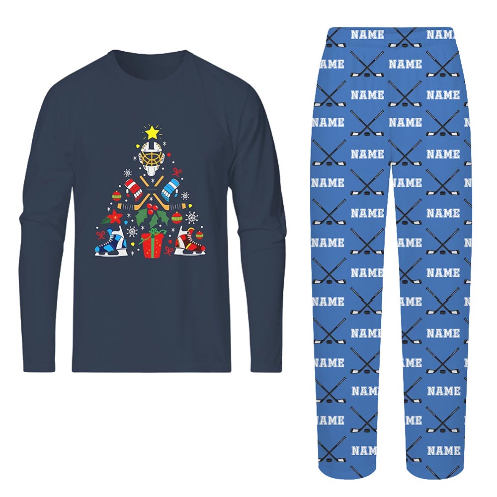 Navy Hockey Christmas Tree Family Matching Pajamas with Name Custom Navy Hockey Christmas Tree Family Matching Pajamas with Name Custom