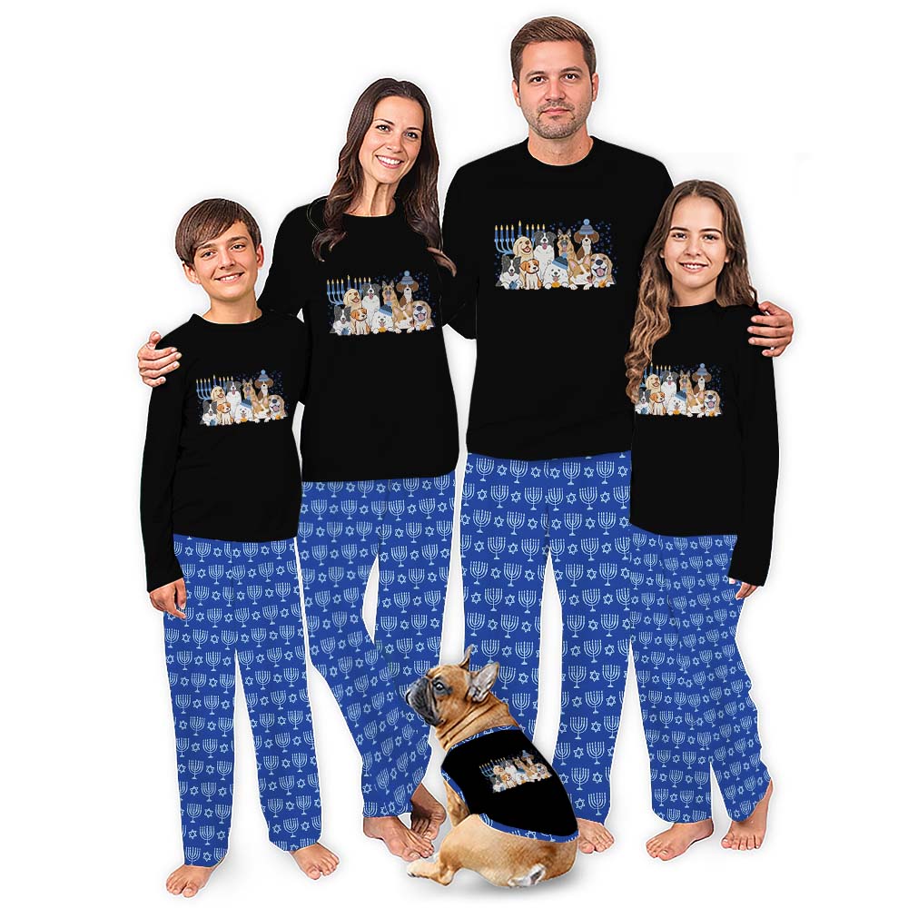 Hanukkah Pajamas For The Family With Chanukah Menorah and Cute Puppies