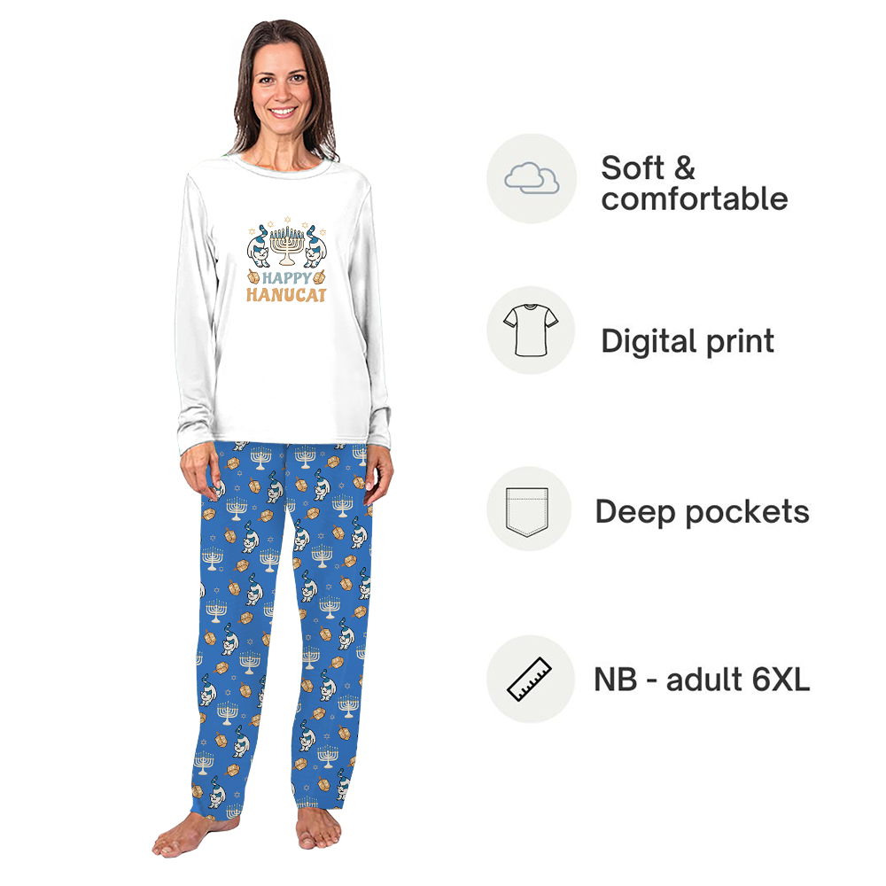 Happy Hanukkah Cat Long Sleeve Christmas Pajamas For Family