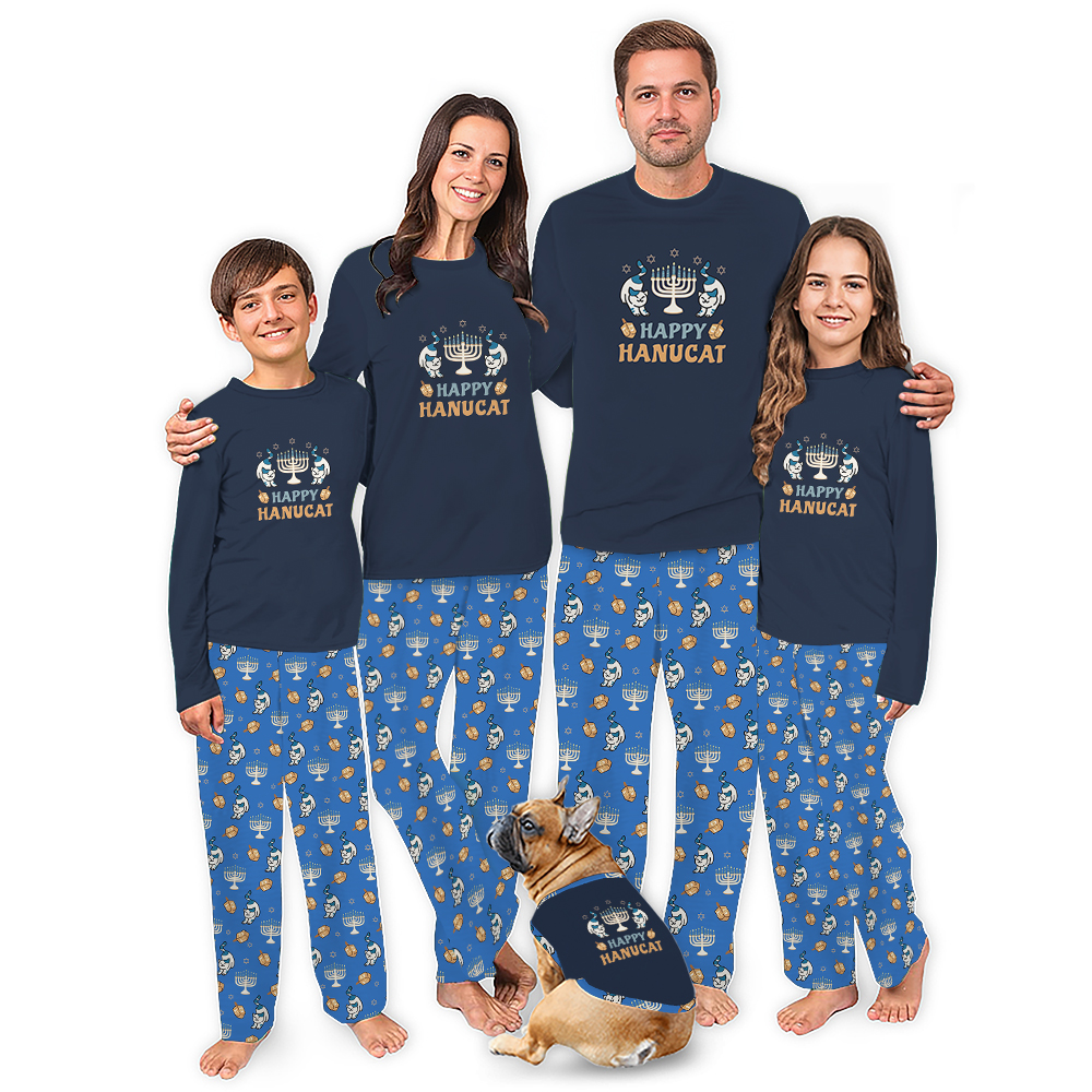 Happy Hanukkah Cat Long Sleeve Christmas Pajamas For Family