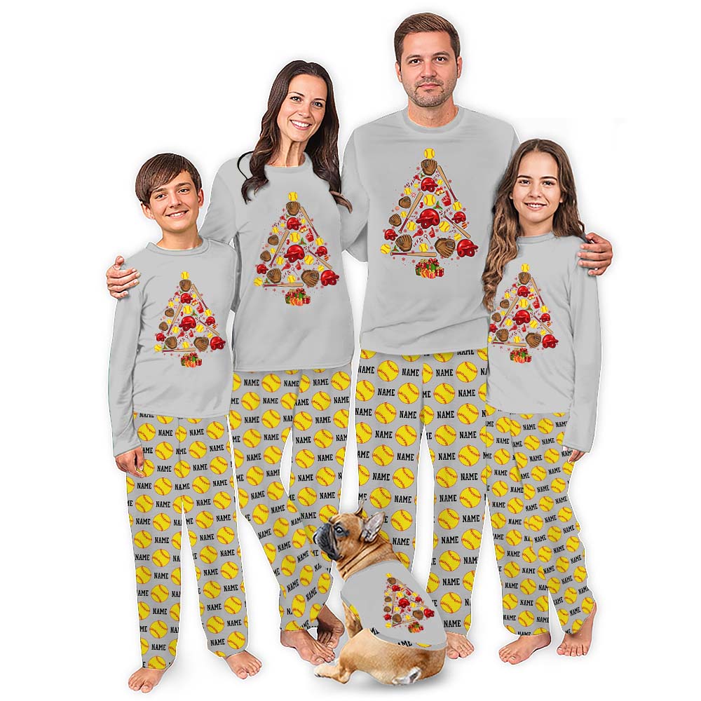 Custom Matching Family Winter Pajamas With Softball Christmas Tree On Them Custom Matching Family Winter Pajamas With Softball Christmas Tree On Them