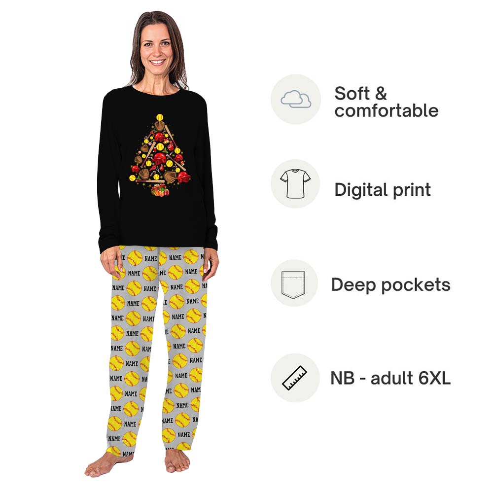 Custom Matching Family Winter Pajamas With Softball Christmas Tree On Them Custom Matching Family Winter Pajamas With Softball Christmas Tree On Them