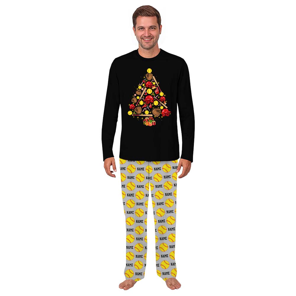 Custom Matching Family Winter Pajamas With Softball Christmas Tree On Them Custom Matching Family Winter Pajamas With Softball Christmas Tree On Them
