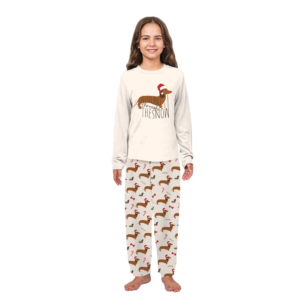 Cute Dachshund Through The Snow Saying Family Christmas Pajamas
