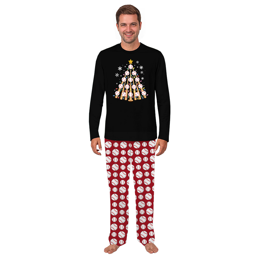 Baseball Themed Christmas Tree Matching Holiday Pajamas With Dog Baseball Themed Christmas Tree Matching Holiday Pajamas With Dog