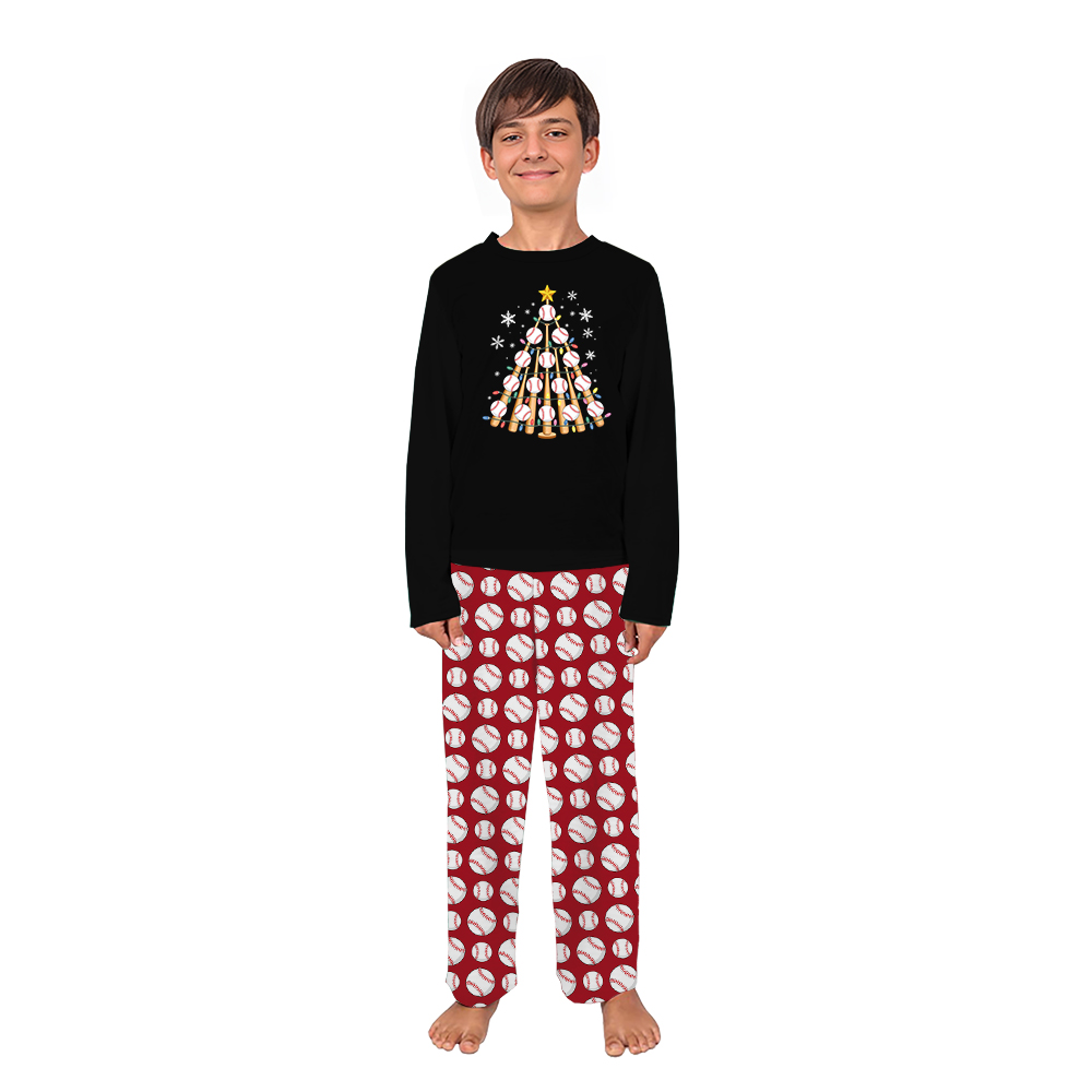 Baseball Themed Christmas Tree Matching Holiday Pajamas With Dog Baseball Themed Christmas Tree Matching Holiday Pajamas With Dog