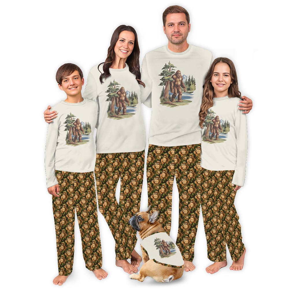 Cream Bigfoot in Redwood Forest Matching PJ Sets for Christmas