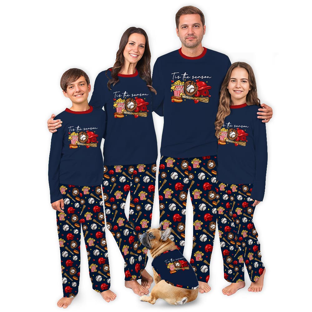Tis The Season Baseball Theme Matching Pajamas With Dog Tis The Season Baseball Theme Matching Pajamas With Dog