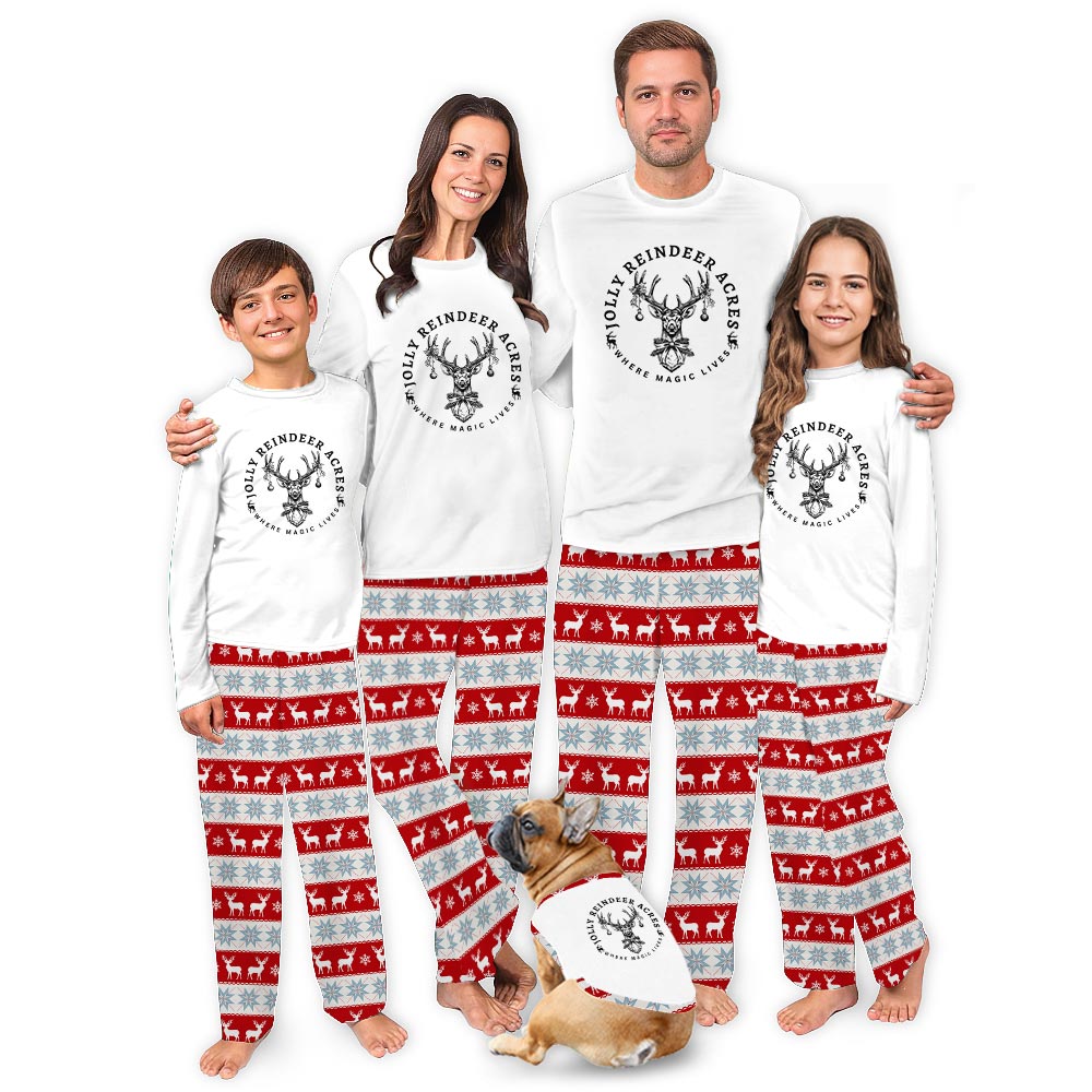 White Jolly Reindeer Acres Saying Matching PJs for Xmas