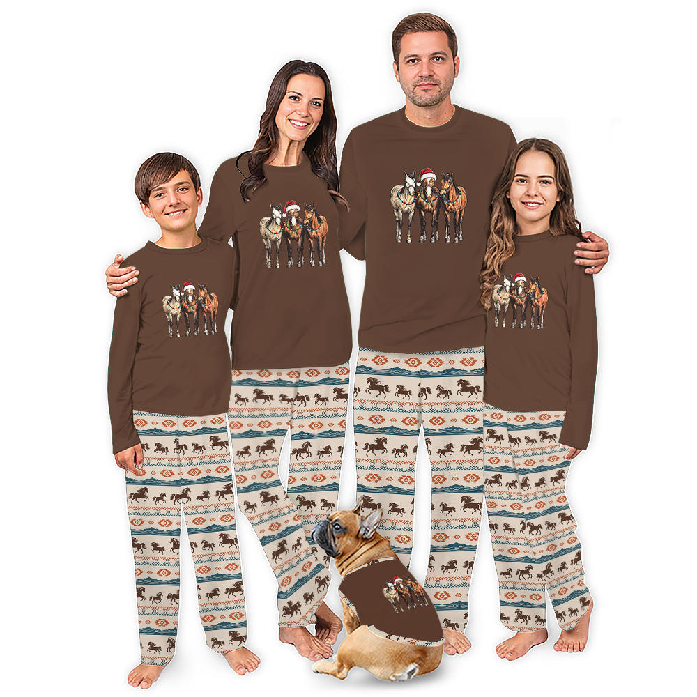 Brown Christmas Horse Matching Pajamas For Family And Dog