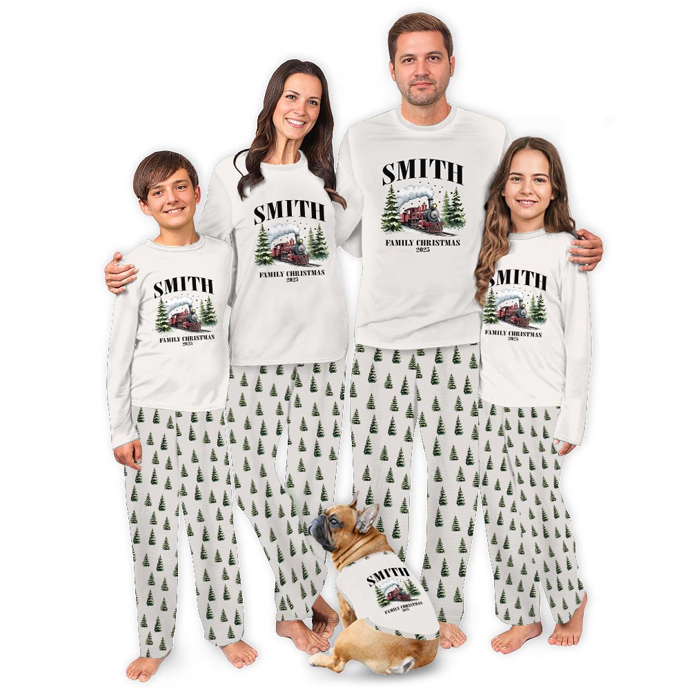 Personalized Train Christmas Holiday Pajamas With Family Name Personalized Train Christmas Holiday Pajamas With Family Name