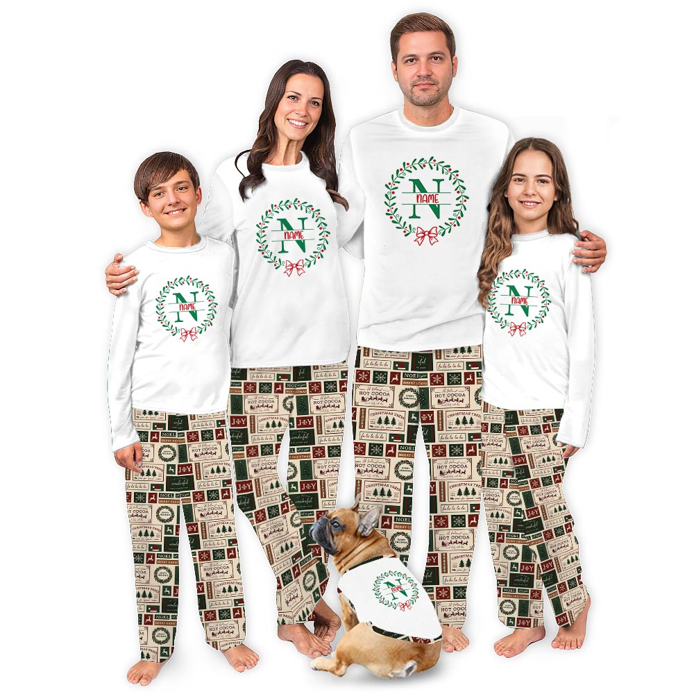 Christmas Wreath Family Pajamas With Dog with Name Custom