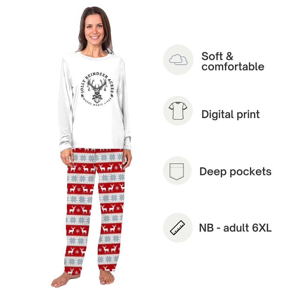 White Jolly Reindeer Acres Saying Matching PJs for Xmas