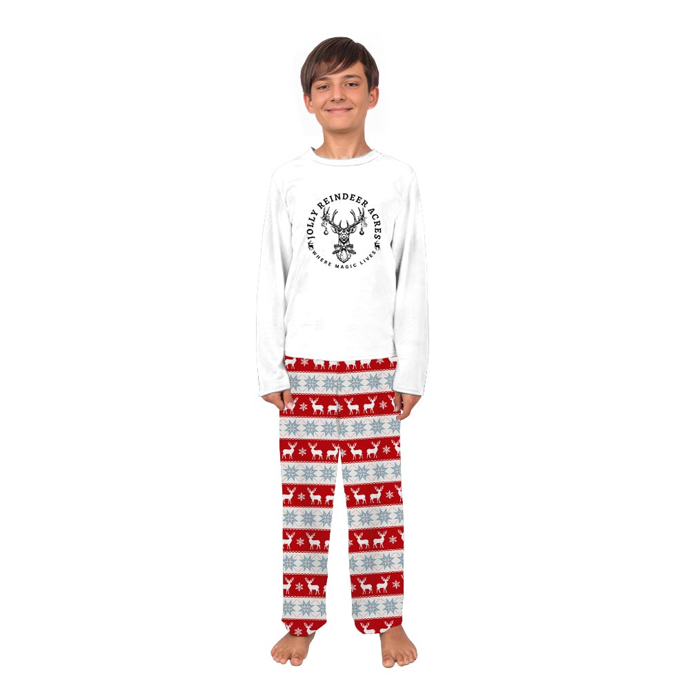 White Jolly Reindeer Acres Saying Matching PJs for Xmas