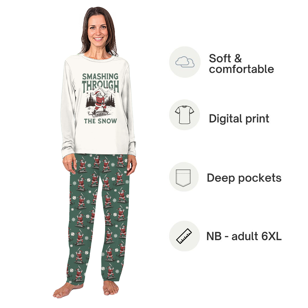 Santa Playing Baseball Smashing Through The Snow Christmas Pajamas