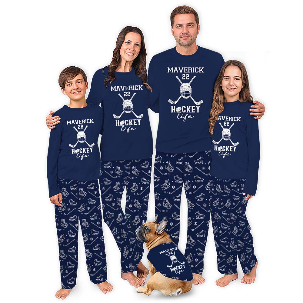 Navy Personalized Christmas Matching Hockey Pajamas With Name And Number