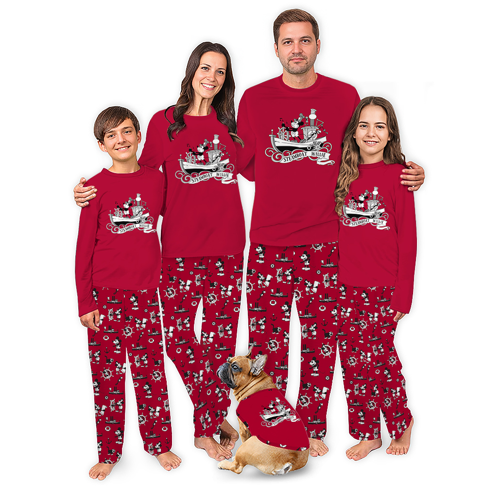 Funny Steamboat Willie Mouse Family Christmas Pajamas Including Dog Funny Steamboat Willie Mouse Family Christmas Pajamas Including Dog