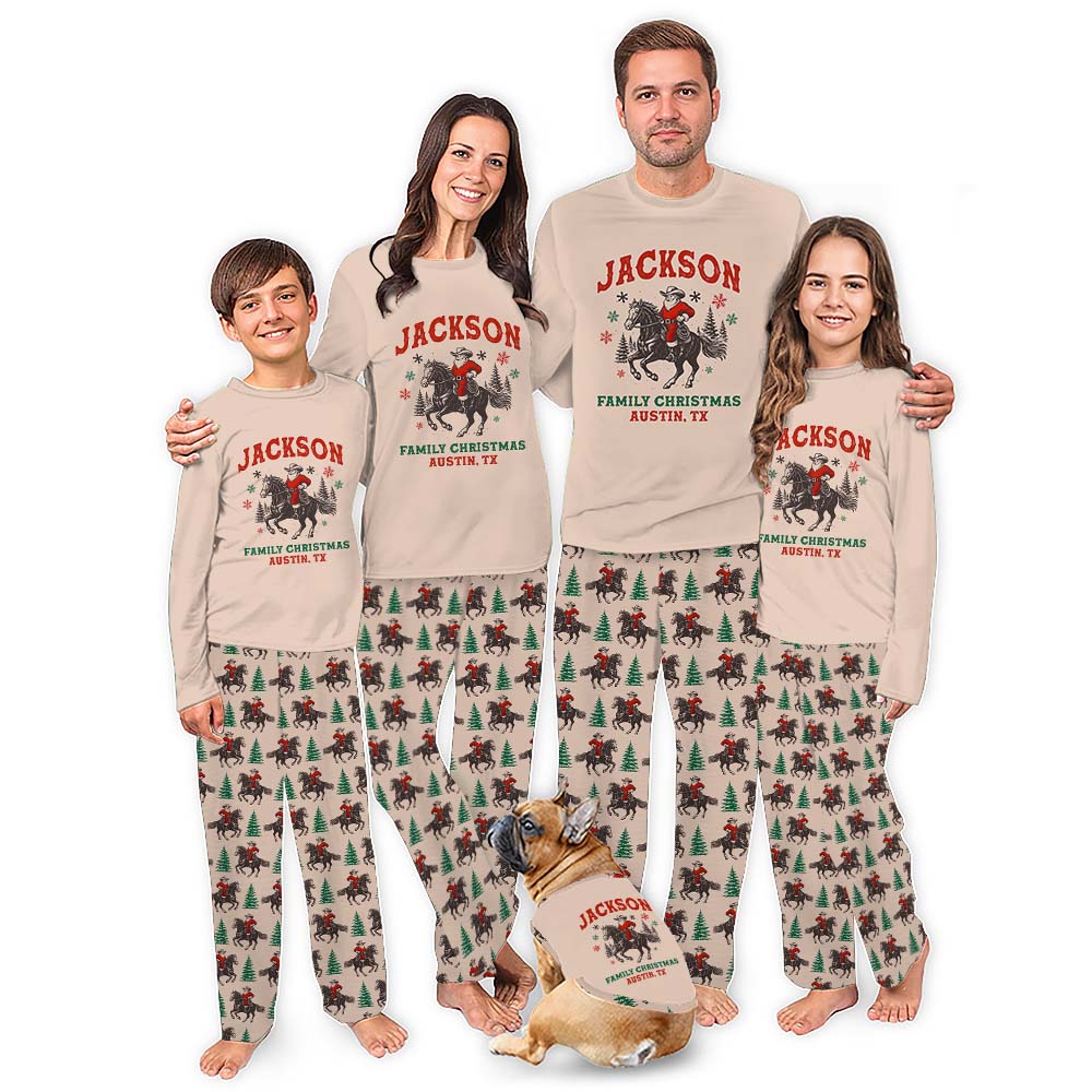Personalized Western Christmas Family Pajamas With Cowboy Santa Personalized Western Christmas Family Pajamas With Cowboy Santa