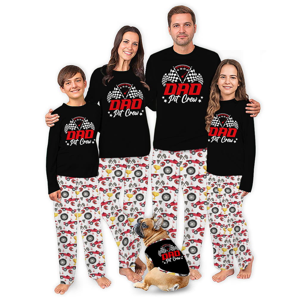 Customized Race Car Pit Crew Christmas Matching Pajamas With Dog Customized Race Car Pit Crew Christmas Matching Pajamas With Dog