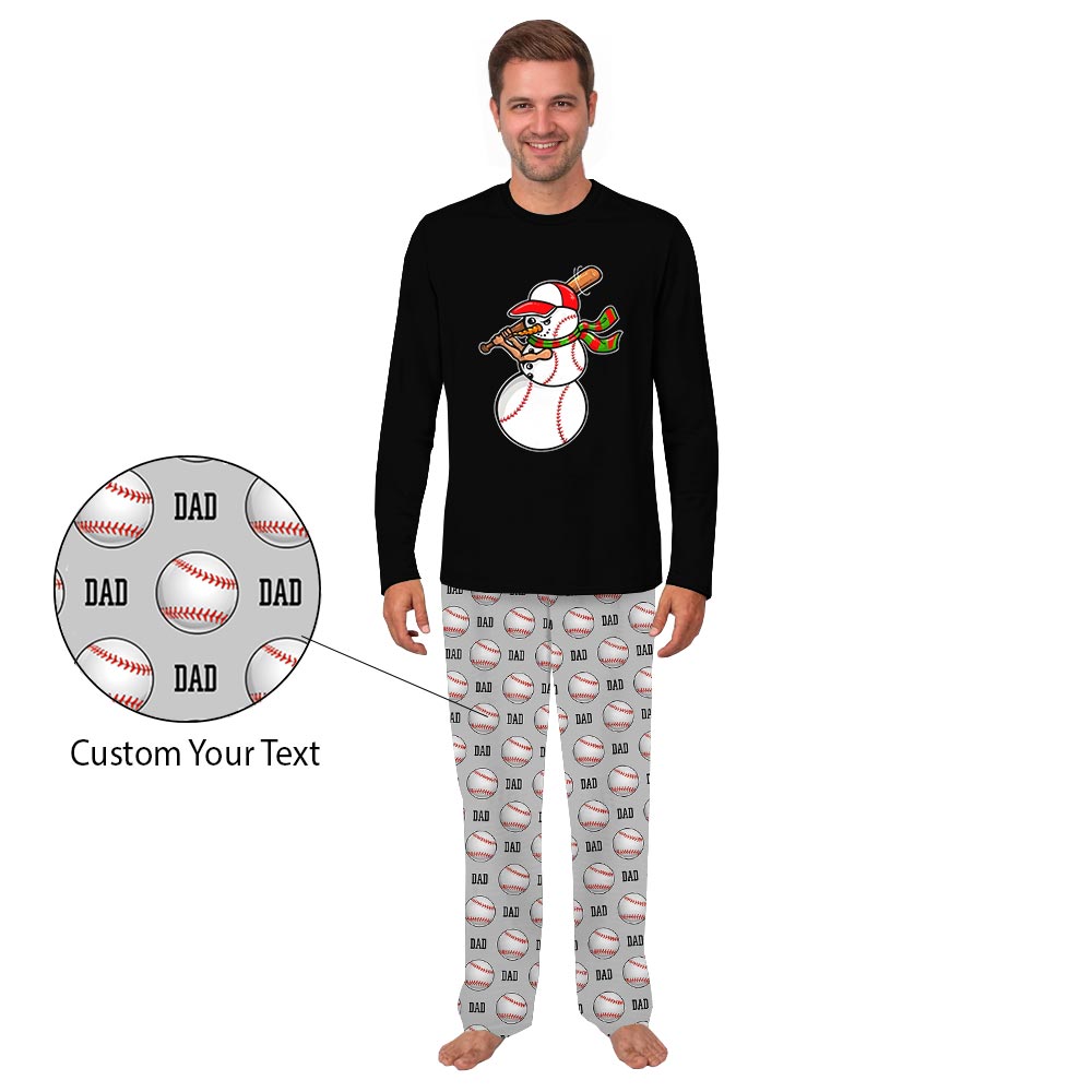 Black Snowman Baseball Family Christmas Pajamas with Custom Text Black Snowman Baseball Family Christmas Pajamas with Custom Text