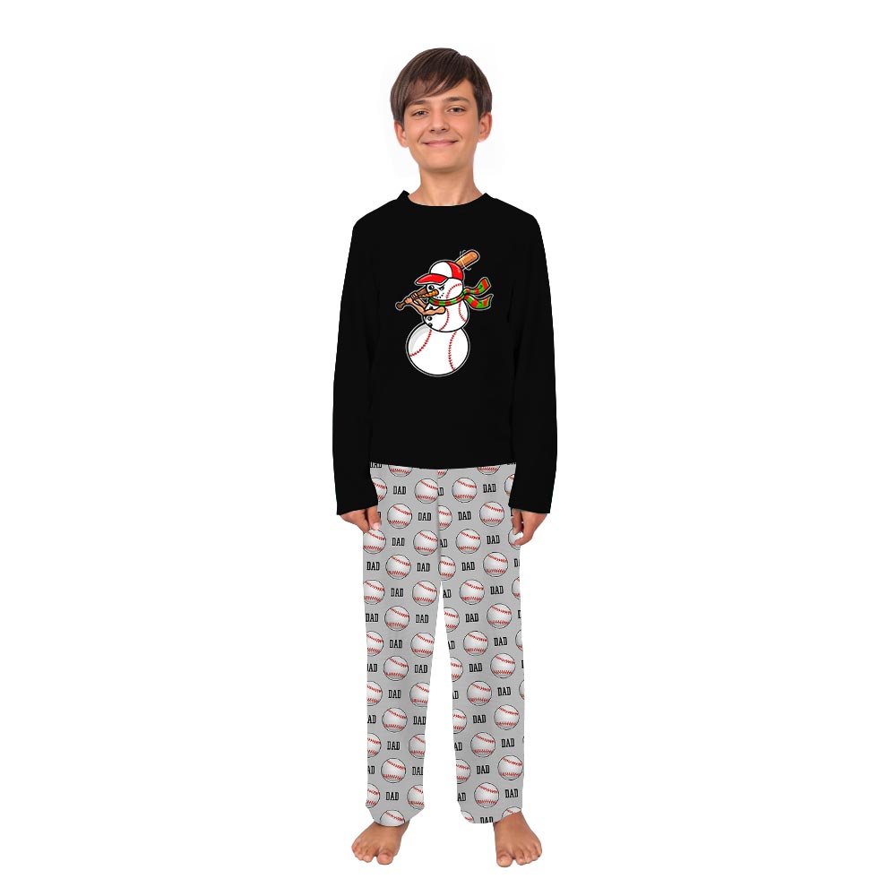 Black Snowman Baseball Family Christmas Pajamas with Custom Text Black Snowman Baseball Family Christmas Pajamas with Custom Text