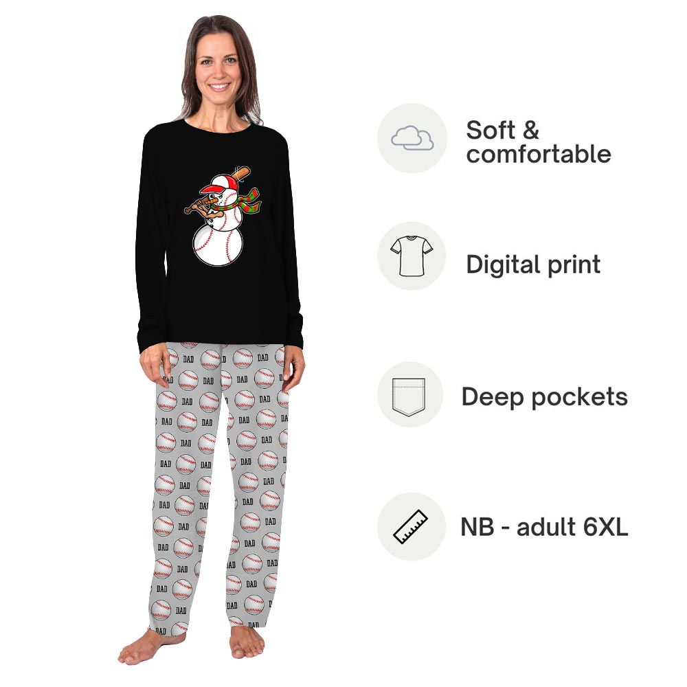 Black Snowman Baseball Family Christmas Pajamas with Custom Text Black Snowman Baseball Family Christmas Pajamas with Custom Text
