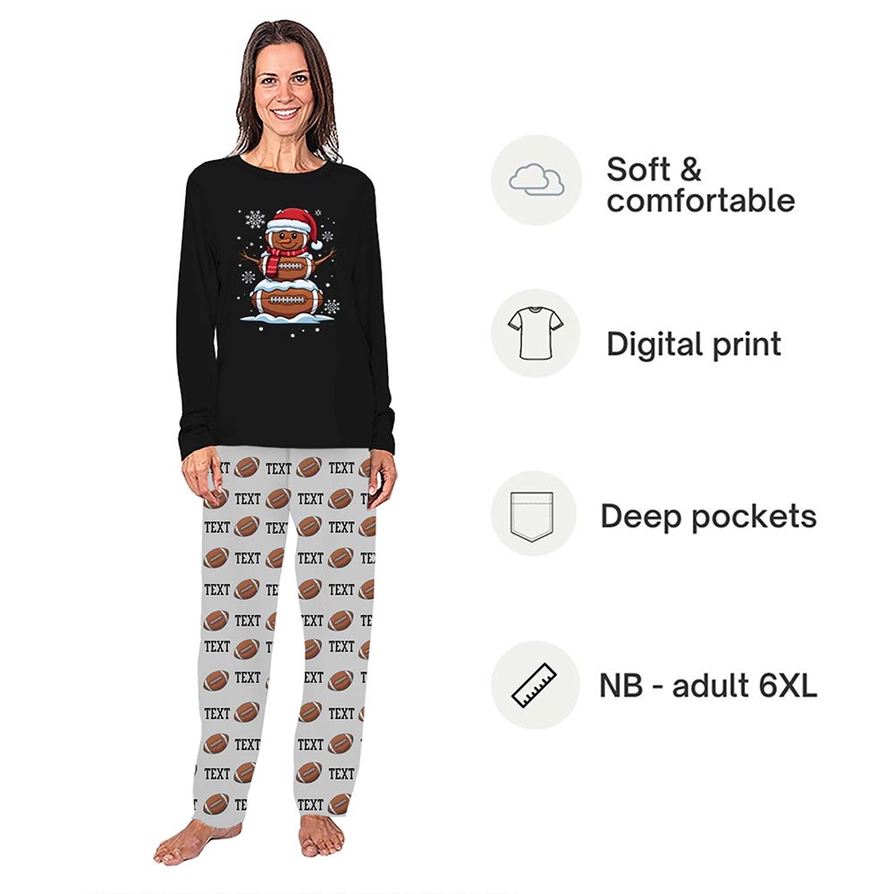 Black Football Snowman Group Christmas Pajamas with Text Pants Custom