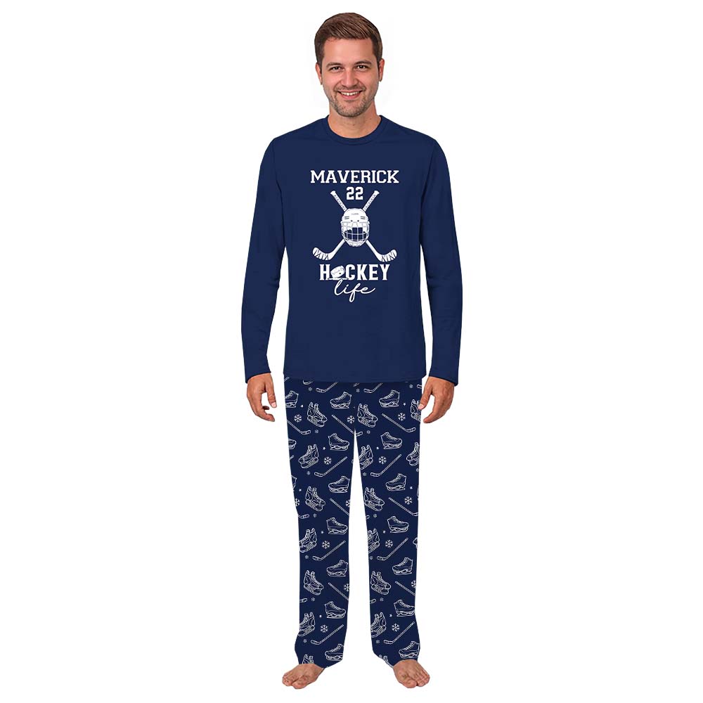 Navy Personalized Christmas Matching Hockey Pajamas With Name And Number