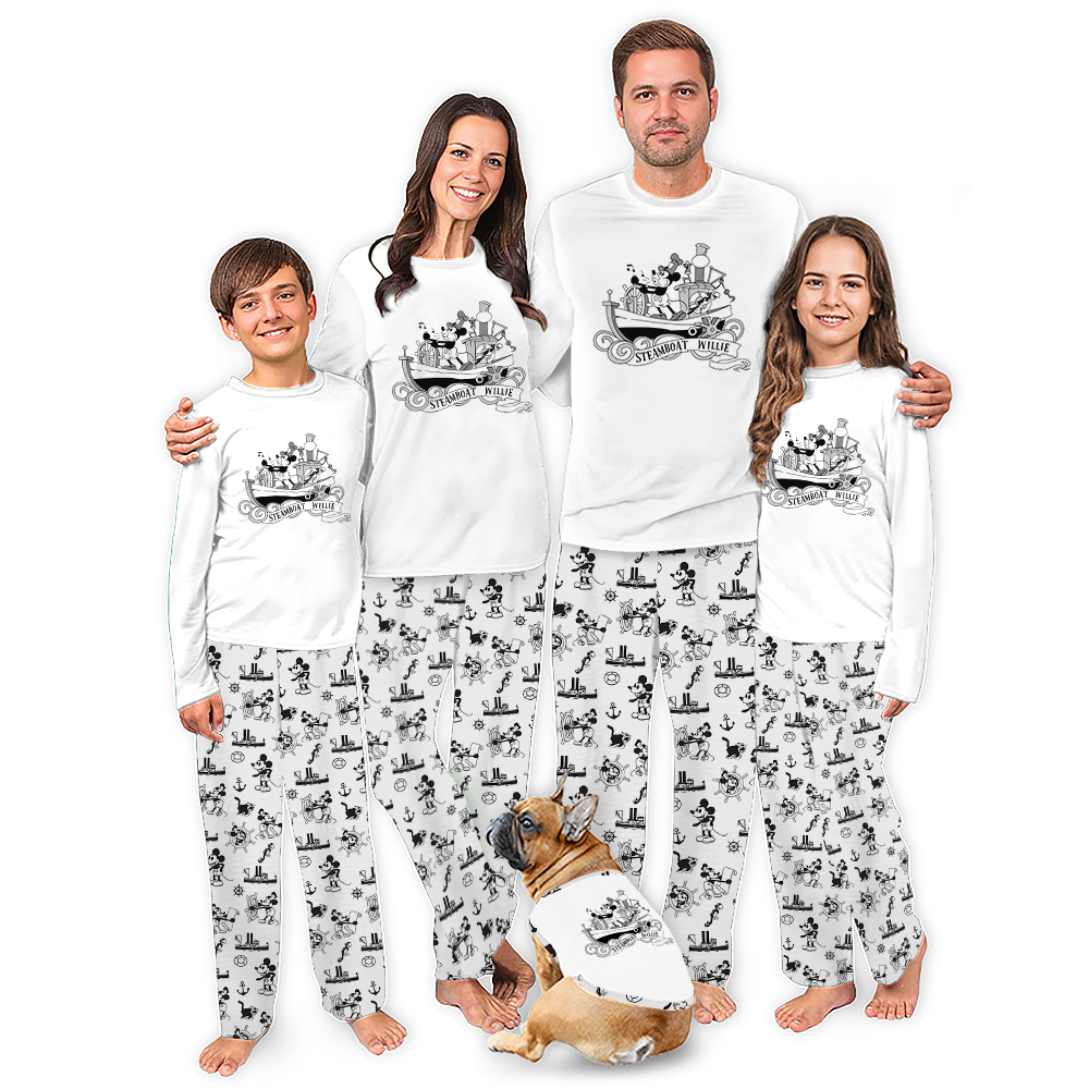 Funny Steamboat Willie Mouse Family Christmas Pajamas Including Dog Funny Steamboat Willie Mouse Family Christmas Pajamas Including Dog