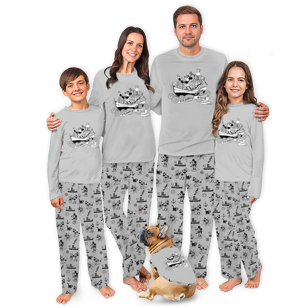 Funny Steamboat Willie Mouse Family Christmas Pajamas Including Dog Funny Steamboat Willie Mouse Family Christmas Pajamas Including Dog