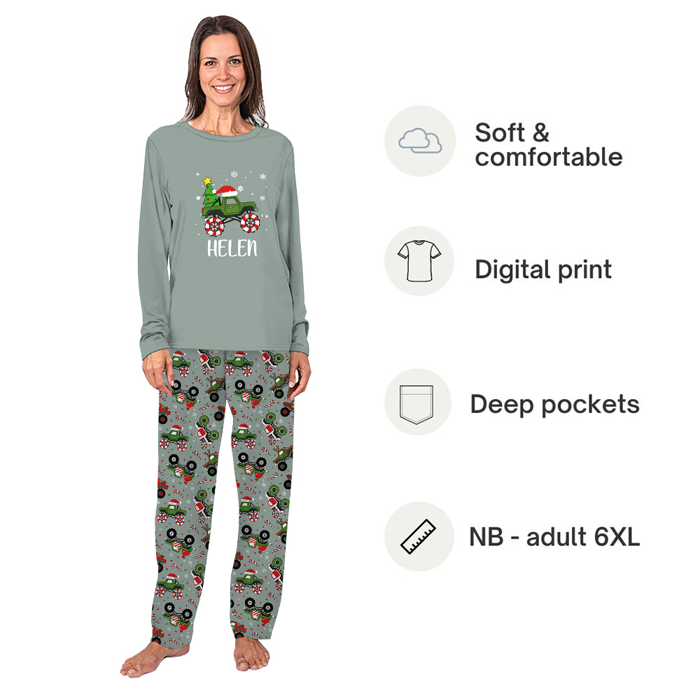 Personalized Monster Truck Christmas Pajamas With Name Live Preview Personalized Monster Truck Christmas Pajamas With Name Live Preview